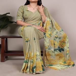 VASTRA COTTAGE Saree Marbal con Estampado Floral y Borde de Encaje de Perlas, Blusa sin Coser, Elegante Traje Étnico para Fiestas para Mujer - Product Image 5