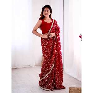 SRK Designer <b>Red</b> Indian/Pakistani <b>Silk</b> Saree for Party Wear Unstitched Embroidered Sequence Work for a Stylish Look - Product Image 4