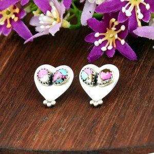 Pendientes de Plata de Ley con Turquesa Natural en Forma de Corazón, Estilo Zuni, Joyería Romántica - Product Image 5