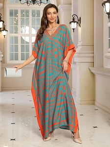 Vestido Largo Maxi de Gasa con Estampado Geométrico y Cuello en V para Mujer, Estilo Vacaciones de Verano, Manga Casquillo, Corte Imperio, Kaftán Largo Estampado Naranja y Verde Azulado - Product Image 6