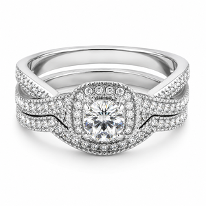 Bague de fiançailles en argent sterling 925 avec halo de moissanite, diamant rond taille brillant, pavé, pour mariage - Product Image 1