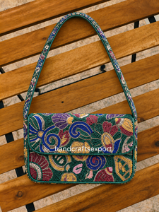 Handmade Durable Beaded Satin Embroidery Flap Shoulder <b>Bag</b> Women's Bohemian Crossbody Purse Single <b>Strap</b> Floral Pattern - Product Image 4