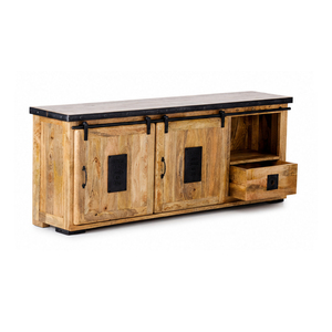 Industrial Mango Wood TV Unit with Sliding Barn Door <b>Rustic</b> Wooden Media Console <b>Cabinet</b> - Product Image 4