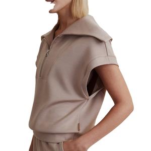 Women's Oversized Collar <b>Short</b> <b>Sleeve</b> Half Zip Crop <b>Sweatshirt</b> Custom Logo Hoodies & Sportswear with Badge Decoration - Product Image 3