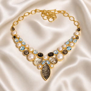 Natural Black Rutilated Quartz & Pearl and Blue Topaz <b>Statement</b> <b>Necklace</b> 925 Silver Rose Gold Yellow Gold Plated Jewelry Women - Product Image 5