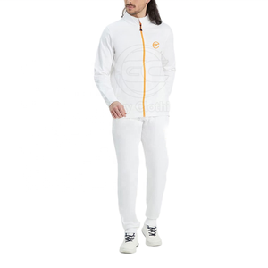 Ensemble de survêtement blanc personnalisé avec fermeture éclair intégrale, veste de survêtement à col montant et fermeture éclair contrastante orange, et pantalon de jogging - Product Image 1