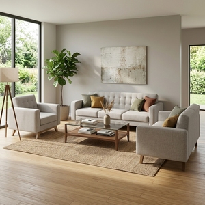 Moderno Conjunto de Sofá para Sala de Estar con Base de Madera de Teca Sólida, Sofá de 3 Plazas, Sillón, Tapizado en Tela Acolchada - Product Image 4