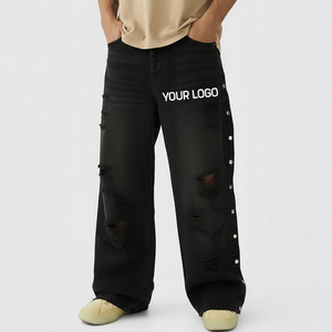 Jeans de Pierna Ancha de Alta Calidad 2026, Pantalones Vaqueros con Logotipo Personalizado, Diseño Retro Holgado para Hombre con Botón Lateral 2026 - Product Image 5