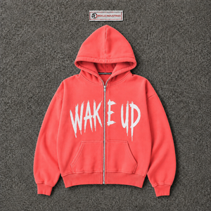 Sudadera con capucha extragrande rosa coral con cremallera completa y estampado gráfico Wake Up, estilo urbano informal para hombre - Product Image 5