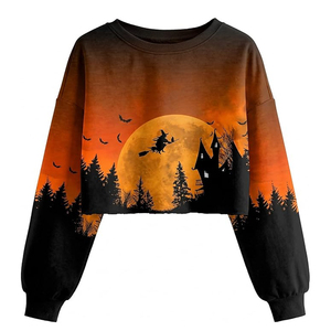 Customize <b>Women</b> Halloween Print <b>Crop</b> Sweatshirt Long Sleeve Crew Neck Casual <b>Top</b> Orange <b>Black</b> Knitted 100% Cotton Autumn Style - Product Image 1