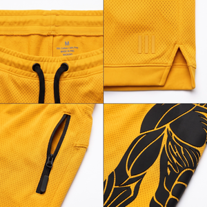 Shorts d'entraînement fonctionnels pour hommes en maille technique OEM personnalisés, polyester/coton, couleur safran acide, pour fitness et haltérophilie - Product Image 4