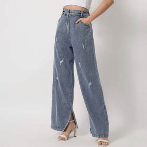 Vaqueros de cintura alta personalizados al por mayor, pantalones pitillo de mezclilla azul con cintura, vaqueros largos rectos desgastados y rasgados - Product Image 4