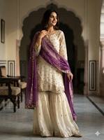Ensemble Gharara ethnique indien en gros – Haut en soie brodé de sequins lourds et pantalon Palazzo Gharara pour femme