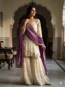 Ensemble Gharara ethnique indien en gros – Haut en soie brodé de sequins lourds et pantalon Palazzo Gharara pour femme - Product Image 4