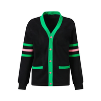 Schwarze Fleece-Varsity-Strickjacke Unisex V-Ausschnitt Strick-Winterjacke mit Grünen & Rosa Akzenten und Gestickten Griechischen Buchstaben