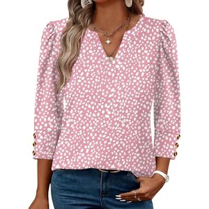 Custom Beige Botanical Leaf Women Chiffon <b>Top</b> Fine Quality Lightweight <b>Flowy</b> Woven Three Quarter Sleeve Split V Neck T Shirts - Product Image 4