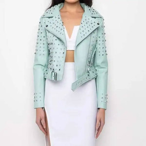 Veste moto en cuir PU bleu clair pour femme, col rabattu, fermeture éclair, manches longues, veste à rivets, style automne - Product Image 2