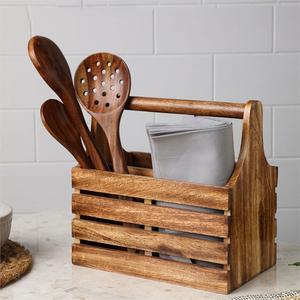 Wooden <b>Caddy</b> Crate with handle and 6 Compartments for Sauce Bottles <b>Kitchen</b> Cutlery Utensil Rack Holder Organizer by AYAANS - Product Image 6