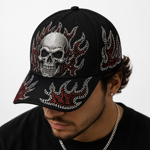 Custom 6 Panel Structured Baseball <b>Cap</b> with 3D Puff Embroidery Skull Logo Hotfix Rhinestone Flame Design Curved Brim Adjustable - Product Image 4
