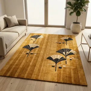 Tapis rectangulaire moderne abstrait en peluche tuftée avec dos antidérapant en caoutchouc pour salon, motif or et noir - Product Image 1
