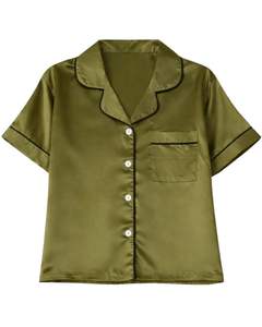 Ensemble de pyjama pour femme en satin vert olive personnalisé, manches courtes, boutonné, style soie, deux pièces, ensemble de shorts de nuit, ensemble de vêtements de détente - Product Image 1