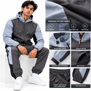 Ensemble veste à capuche légère en nylon et survêtement pour homme, personnalisable, avec fermeture éclair intégrale, respirant, pantalon de survêtement, fournisseur OEM B2B - Product Image 6
