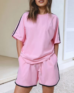 Women 2-Piece Pink Knitted Shorts Set Crew Neck Short Sleeve Sporty Loose Fit Breathable Summer Outfit - Product Image 1