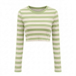 Wholesale Custom women trendy striped cropped <b>TShirt</b> long sleeve round neck QuickDry lightweight polyester fashionable t shirt - Product Image 1