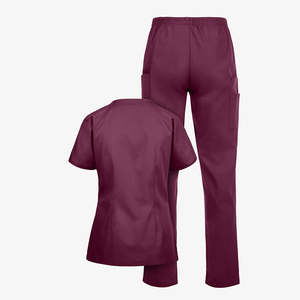 Ensemble de blouses médicales pour femmes, col en V, manches courtes, pantalon, coton et polyester tissé, couleur bordeaux - Product Image 6