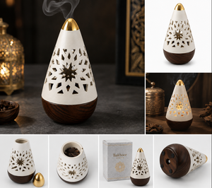 Decorative Cone Shaped Bakhoor Burner with Cutout Design and Wooden Base for Incense, Oud Chips and <b>Home</b> Fragrance Decor - Product Image 3
