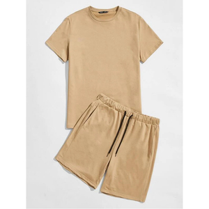 Conjunto de Camiseta y Pantalones Cortos de Punto para Hombre, Color Sólido, 100% Algodón Ecológico, Cintura Elástica, Transpirable, Estilo Casual para Verano 2026 - Product Image 1