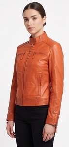 Chaqueta Moto de Cuero Genuino Naranja para Mujer al por Mayor, Cortavientos, Ecológica, Ajustada, con Cuello Mandarín, Cremallera Completa Personalizada, Ligera - Product Image 5