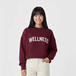 เสื้อสเวตเชิ้ตคอกลมสีแดงเลือดหมูสำหรับผู้หญิง แขนยาว ผ้าฝ้ายถัก พิมพ์ลายตัวอักษร สวมใส่สบายๆ ในฤดูใบไม้ร่วง - Product Image 1