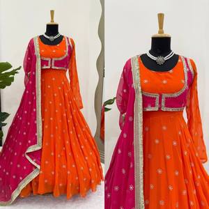 Ensemble Salwar Kameez brodé bicolore en Faux Georgette, réversible, séchage rapide, longueur ras du sol, tenue traditionnelle pour mariage et soirée pour femme - Product Image 2
