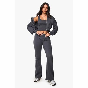 Ensemble de survêtement 2 pièces gris foncé pour femme, haut court et pantalon long, fermeture éclair, coupe ample, vêtements de sport décontractés, toutes saisons - Product Image 5