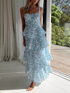 Elegante Vestido Maxi Azul con Estampado Floral, Cuello Cuadrado, Sin Mangas, Tela Ligera y Transpirable, con Volantes, para Mujer - Product Image 2