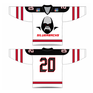 Ensemble uniforme de hockey sur glace sublimé Silverbacks : Maillot à col en V, numéros d'équipe, sweat à capuche, pantalon et casquette – Noir, Blanc, Rouge - Product Image 3