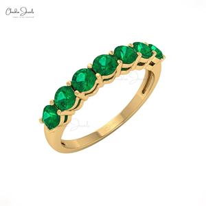 14K Fine Yellow Gold Natural Zambian Emerald Half Eternity Band <b>Ring</b> 3mm Round Cut Gemstone <b>Stacking</b> Wedding Band For Women - Product Image 1