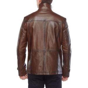 Veste moto en cuir véritable marron pour homme, col montant, fermeture éclair, coupe ajustée, pour l'automne - Product Image 5