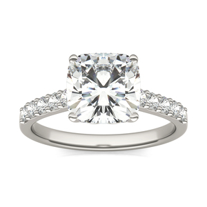 Bague de fiançailles élégante en or blanc massif 14K 18K avec diamant de laboratoire taille coussin et design demi-éternité, bague pavée, bague de mariée - Product Image 2