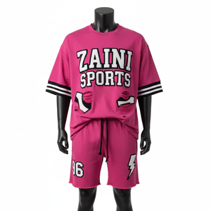 ชุดเสื้อยืดและกางเกงขาสั้นผู้ชาย ผ้าคอตตอนเจอร์ซีย์คุณภาพสูง 240 GSM สีชมพู ปักโลโก้ตามสั่ง สวมใส่สบายๆ - Product Image 6