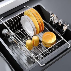 Égouttoir à vaisselle extensible en acier inoxydable pour petite cuisine, à poser au-dessus de l'évier, design moderne et compact pour gagner de la place sur le comptoir - Product Image 1
