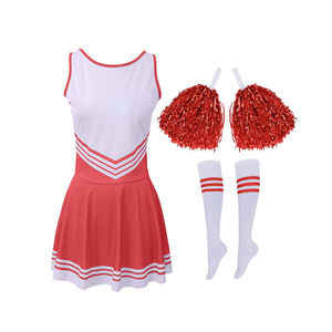 Cheerleading Uniform Set <b>Red</b> White Dress With Pom Poms And <b>Knee</b> <b>High</b> <b>Socks</b> Adult Size - Product Image 1