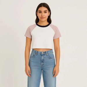 Women Color Block Crop <b>Top</b> <b>Raglan</b> Sleeve Crew Neck Knitted Casual T-Shirt Spring Summer Short Sleeve Regular Fit - Product Image 1