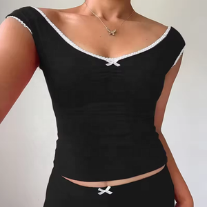 Top Básico Elástico con Volantes y Cuello en V para Mujer, con Lazo y Encaje Dulce, Colección Primavera 2026 - Product Image 1