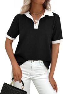 Polo de Manga Corta Color Verde Oliva para Mujer, Tejido de Punto, Cuello con Ribete Blanco, Estilo Casual, Largo Regular - Product Image 3