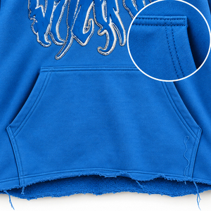 Sudadera con capucha unisex de forro polar azul grueso con pedrería, bordado gráfico gótico y borde sin rematar, al por mayor - Product Image 3