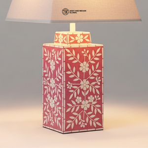 Lampe de table de luxe en os incrusté rose avec abat-jour beige |   Éclairage de chevet floral artisanal - Product Image 4