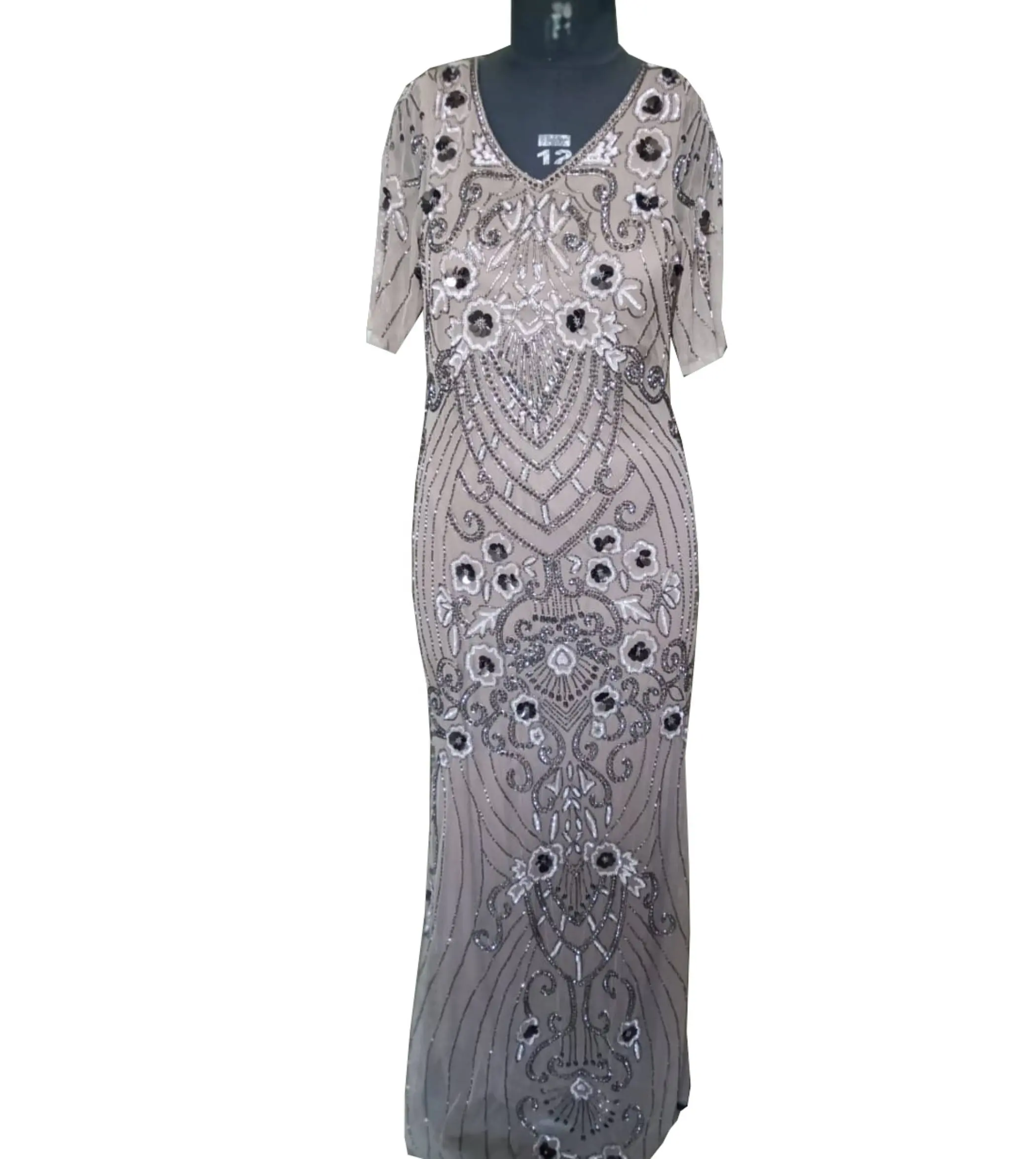 Elegant simple design Pretty Hand Beaded Hand Embroidery Fully Beaded Nude Long Evening Dress for classic look