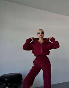 Custom Women's Burgundy Tracksuit Set Zip <b>Jacket</b> Jogger Pants Matching Two Piece Sportswear Casual Streetwear Wholesale Apparel - Product Image 2